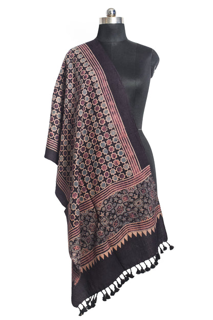 Ajrakh merino wool Natural Dye Hand Block Print Stole With Tassels - 2.2 Mtr Length    -  SKU : DB03C01F