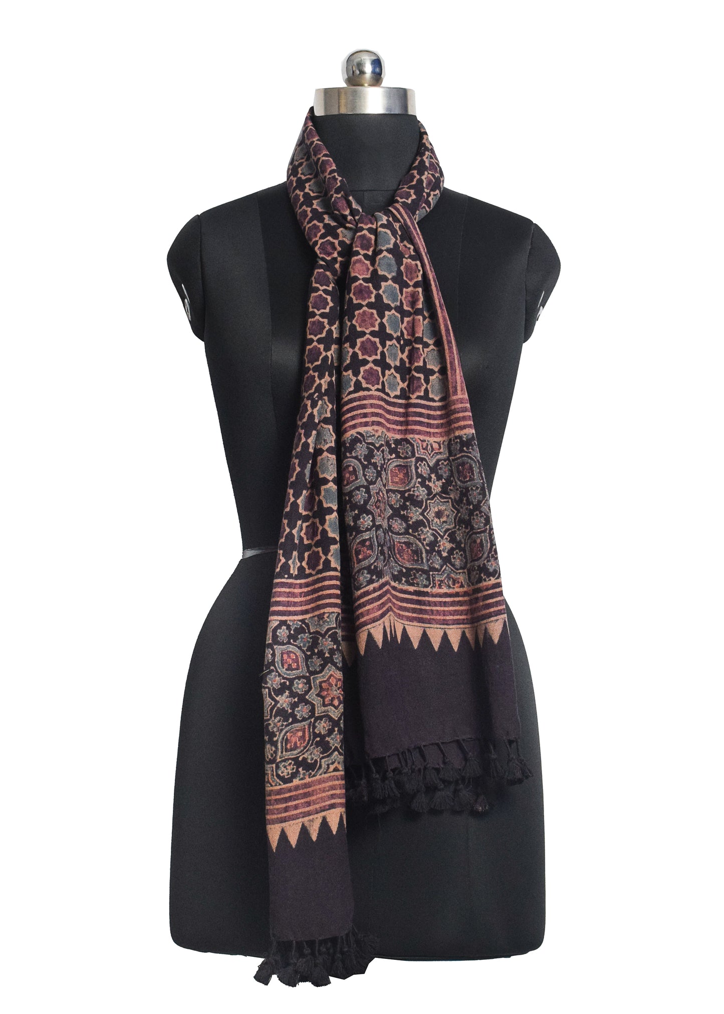 Ajrakh merino wool Natural Dye Hand Block Print Stole With Tassels - 2.2 Mtr Length    -  SKU : DB03C01F