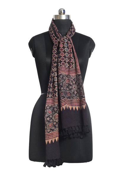 Ajrakh merino wool Natural Dye Hand Block Print Stole With Tassels - 2.2 Mtr Length    -  SKU : DB03C01F