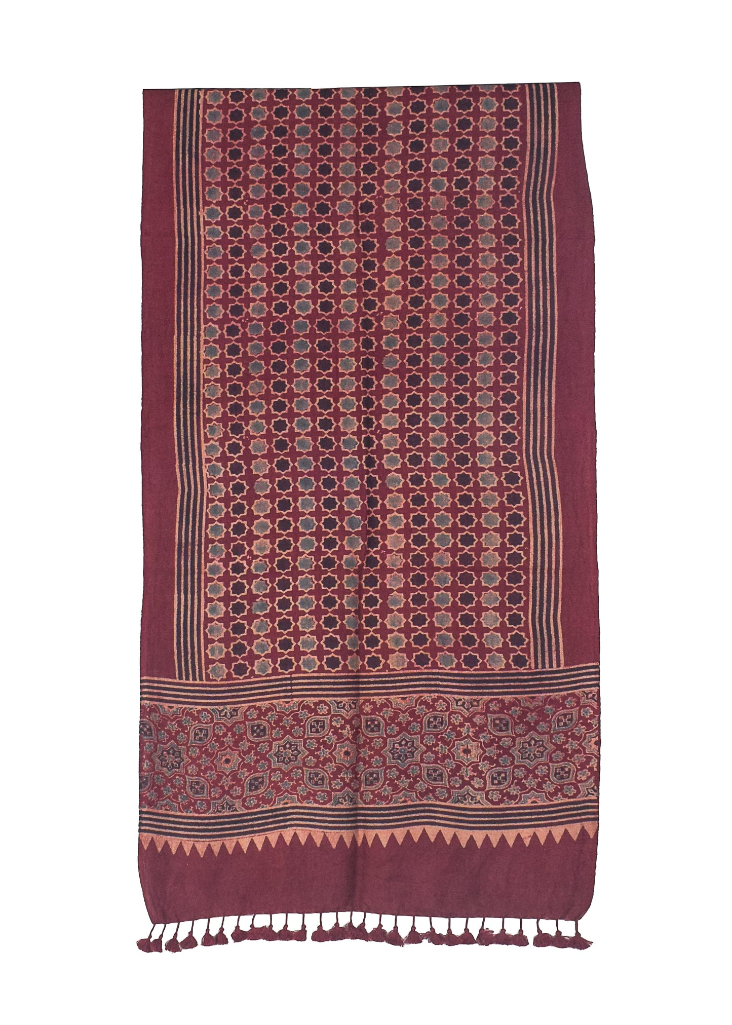 Ajrakh merino wool Natural Dye Hand Block Print Stole With Tassels - 2.2 Mtr Length    -  SKU : DB14C01A