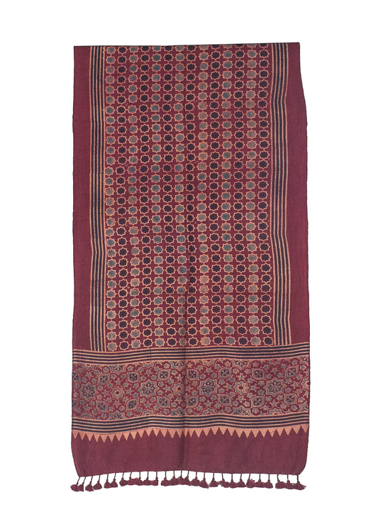 Ajrakh merino wool Natural Dye Hand Block Print Stole With Tassels - 2.2 Mtr Length    -  SKU : DB14C01A