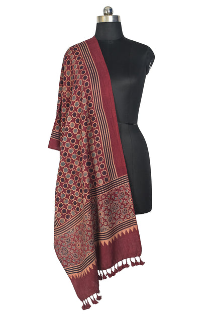 Ajrakh merino wool Natural Dye Hand Block Print Stole With Tassels - 2.2 Mtr Length    -  SKU : DB14C01A