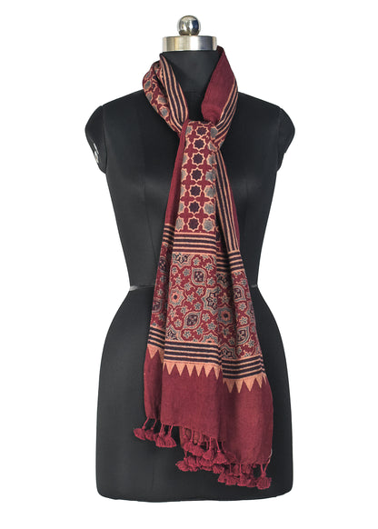 Ajrakh merino wool Natural Dye Hand Block Print Stole With Tassels - 2.2 Mtr Length    -  SKU : DB14C01A