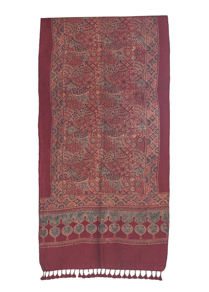 Ajrakh merino wool Natural Dye Hand Block Print Stole With Tassels - 2.2 Mtr Length    -  SKU : DB14C01B