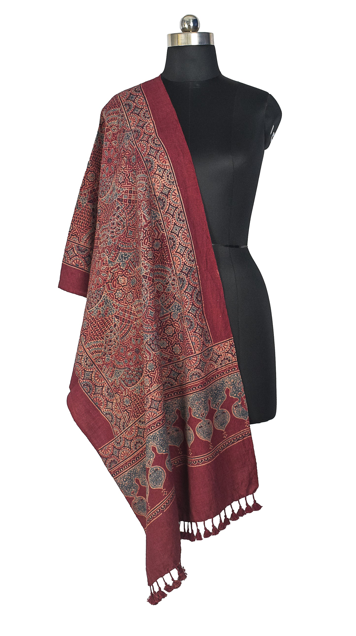 Ajrakh merino wool Natural Dye Hand Block Print Stole With Tassels - 2.2 Mtr Length    -  SKU : DB14C01B