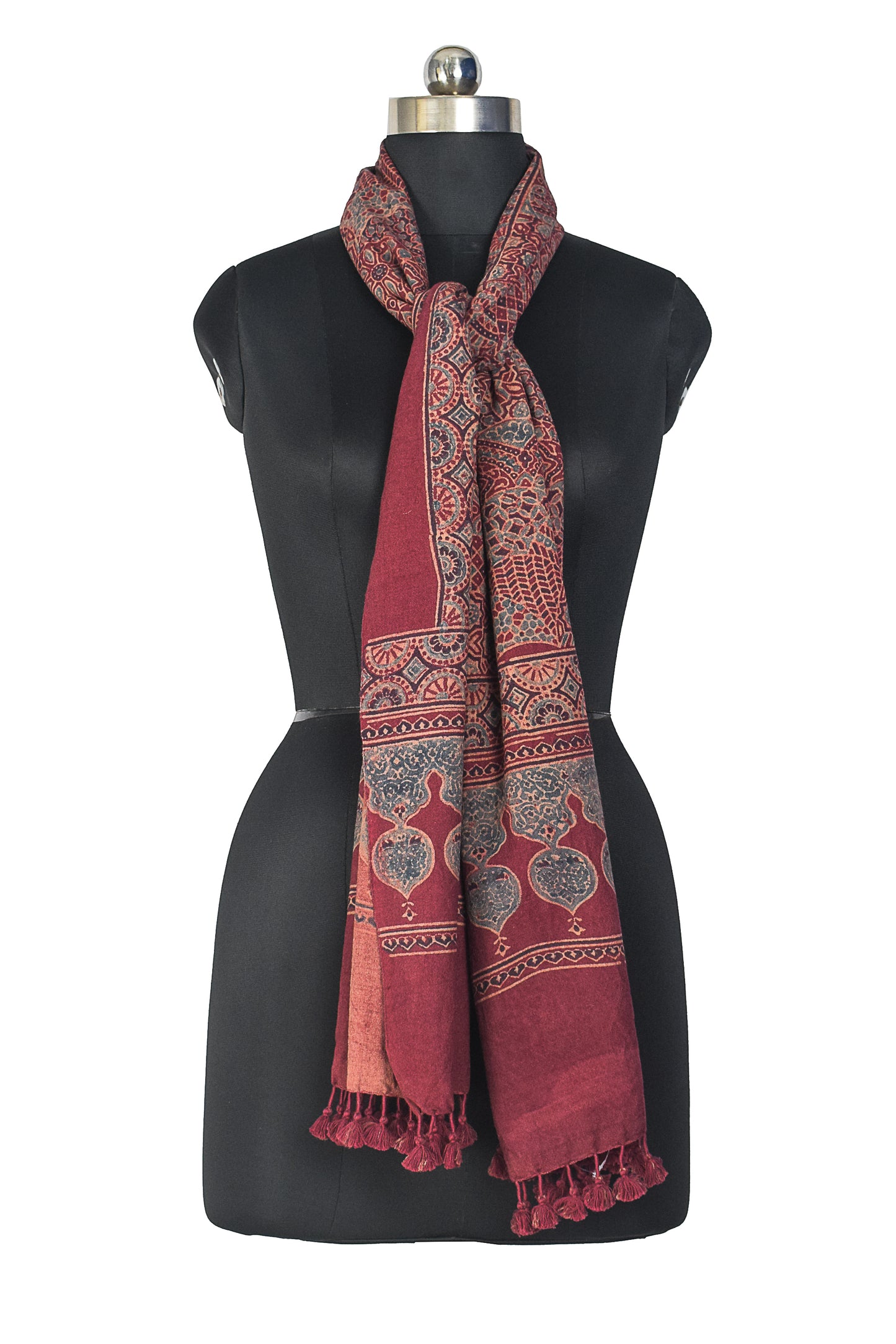 Ajrakh merino wool Natural Dye Hand Block Print Stole With Tassels - 2.2 Mtr Length    -  SKU : DB14C01B