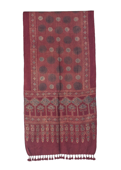 Ajrakh merino wool Natural Dye Hand Block Print Stole With Tassels - 2.2 Mtr Length    -  SKU : DB14C01C