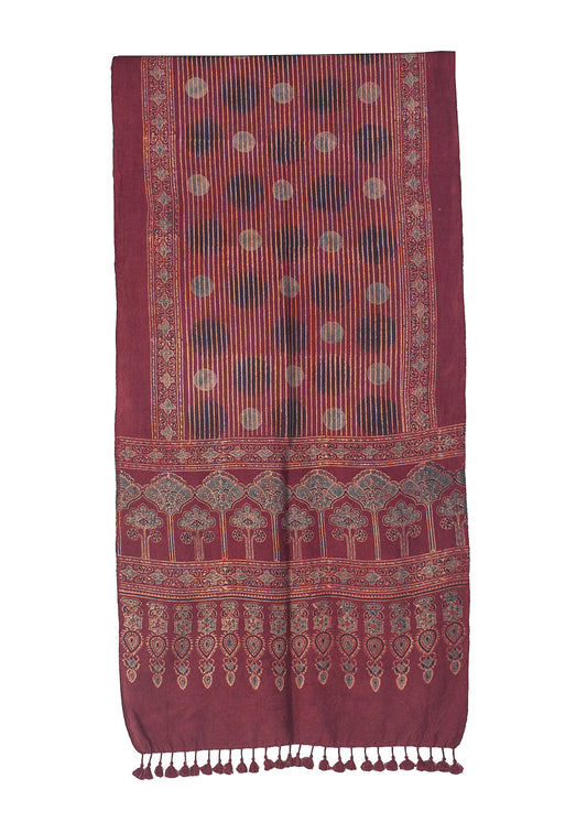 Ajrakh merino wool Natural Dye Hand Block Print Stole With Tassels - 2.2 Mtr Length    -  SKU : DB14C01C