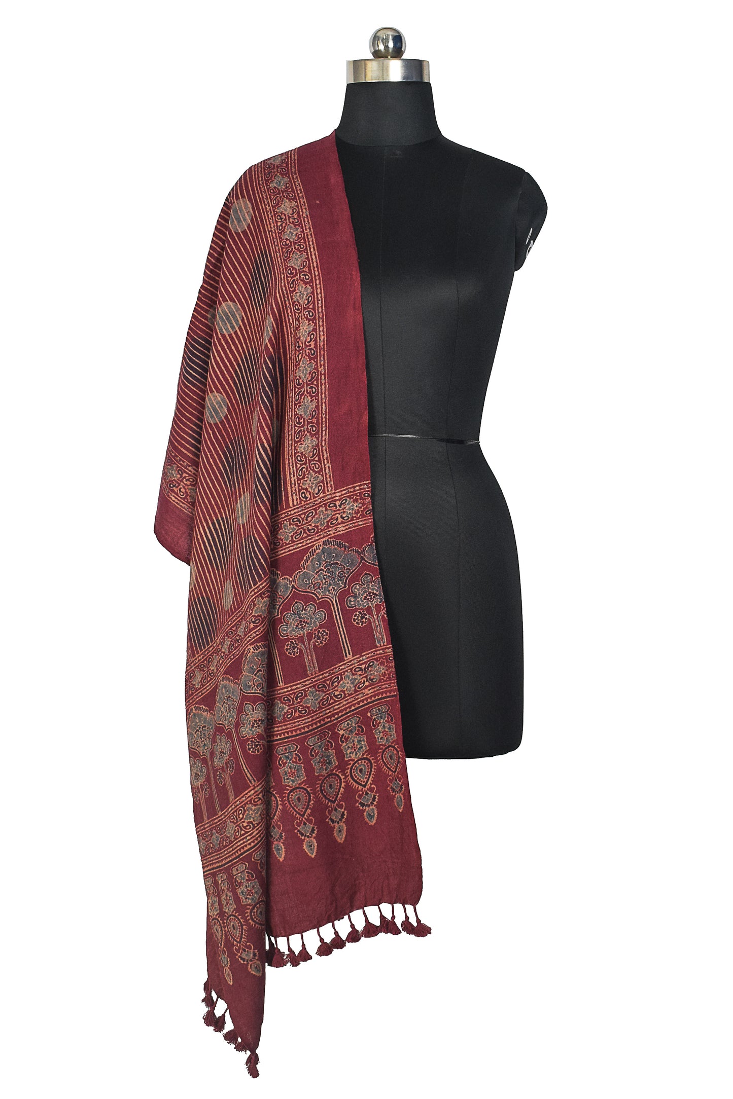 Ajrakh merino wool Natural Dye Hand Block Print Stole With Tassels - 2.2 Mtr Length    -  SKU : DB14C01C