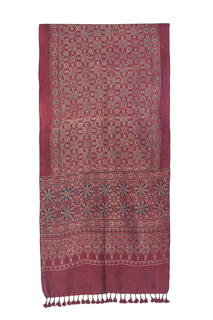 Ajrakh merino wool Natural Dye Hand Block Print Stole With Tassels - 2.2 Mtr Length    -  SKU : DB14C01D