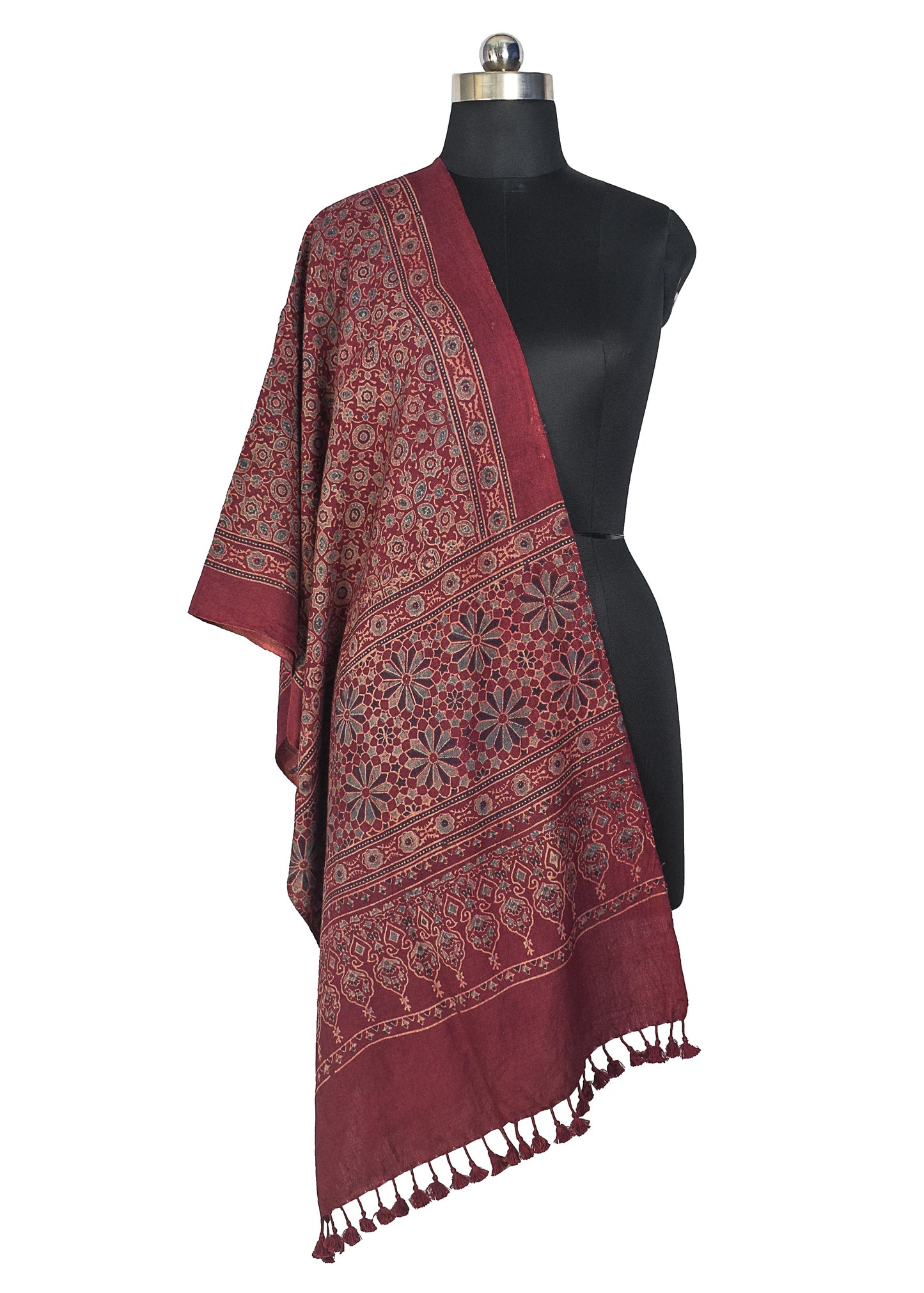 Ajrakh merino wool Natural Dye Hand Block Print Stole With Tassels - 2.2 Mtr Length    -  SKU : DB14C01D