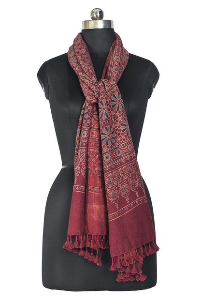 Ajrakh merino wool Natural Dye Hand Block Print Stole With Tassels - 2.2 Mtr Length    -  SKU : DB14C01D