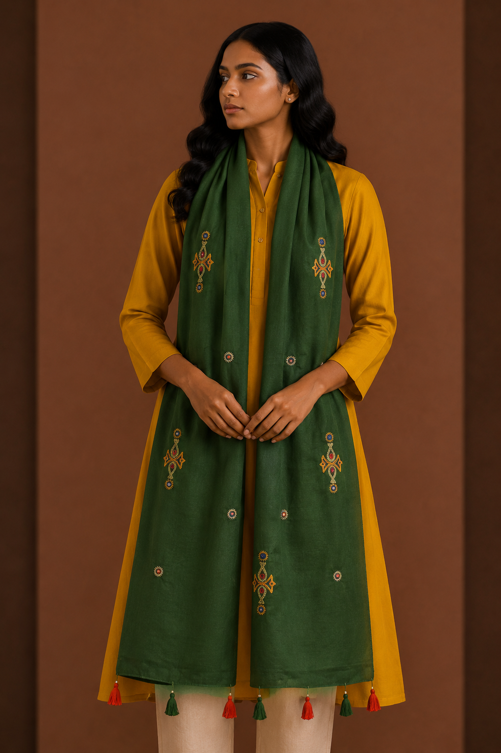 Ahir Work Mashru Silk Hand Embroidered Mirror Work Stole with Tassels - 2 Mtr Length    -  SKU : RD04301B
