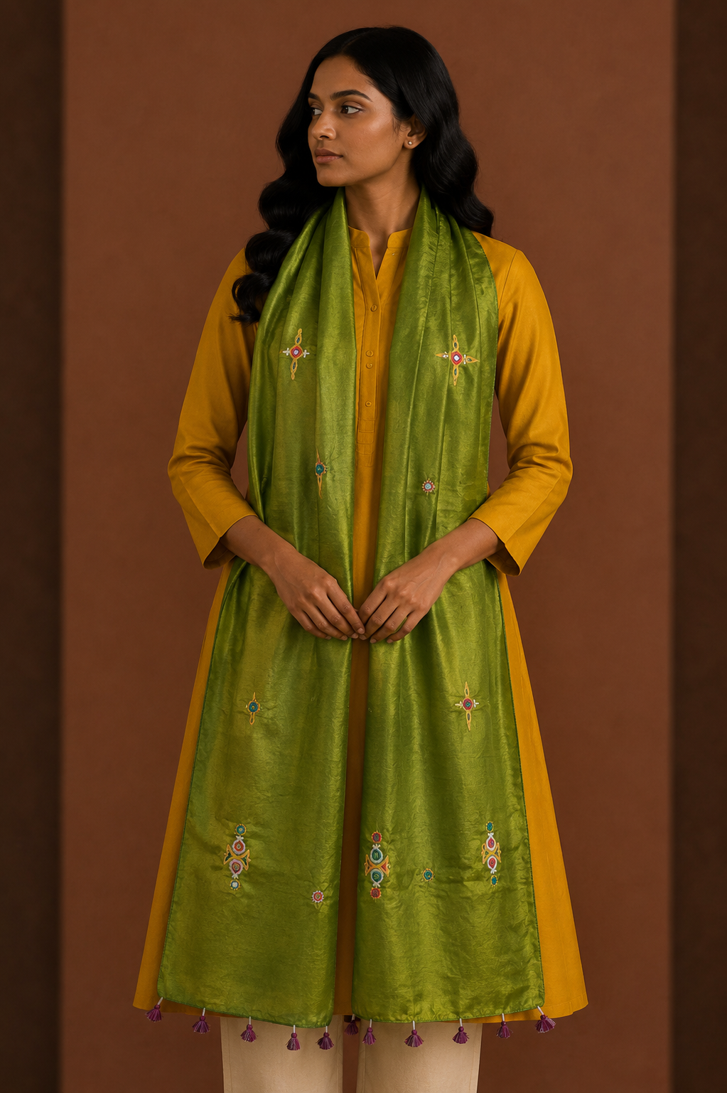 Ahir Work Mashru Silk Hand Embroidered Mirror Work Stole with Tassels - 2 Mtr Length    -  SKU : RD04301E