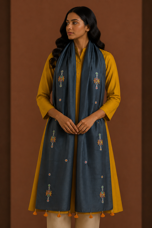 Ahir Work Mashru Silk Hand Embroidered Mirror Work Stole with Tassels - 2 Mtr Length    -  SKU : RD04301D