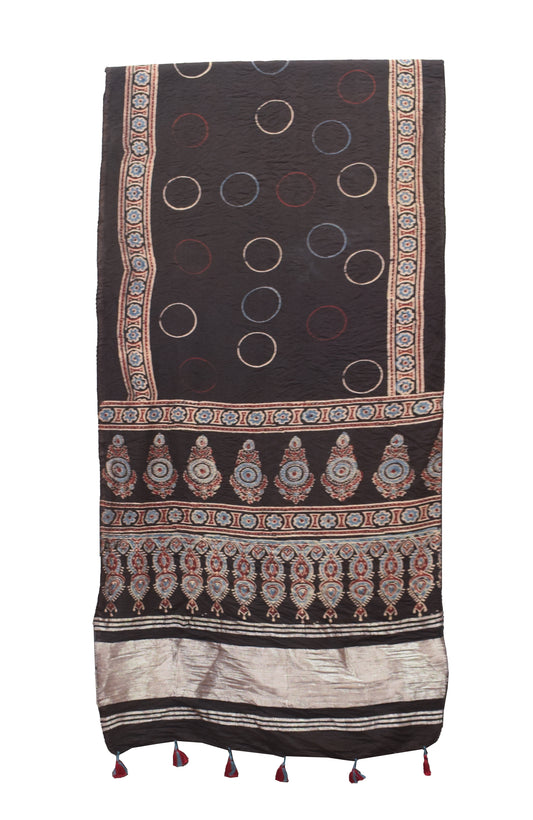 Ajrakh Chanderi Cotton Silk Natural Dye Lagdi Patto with Tassels Hand Block Print Stole     -  SKU : RD04401C