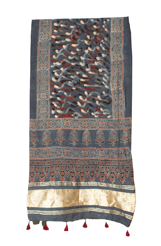 Ajrakh Chanderi Cotton Silk Natural Dye Lagdi Patto with Tassels Hand Block Print Stole     -  SKU : RD04401S