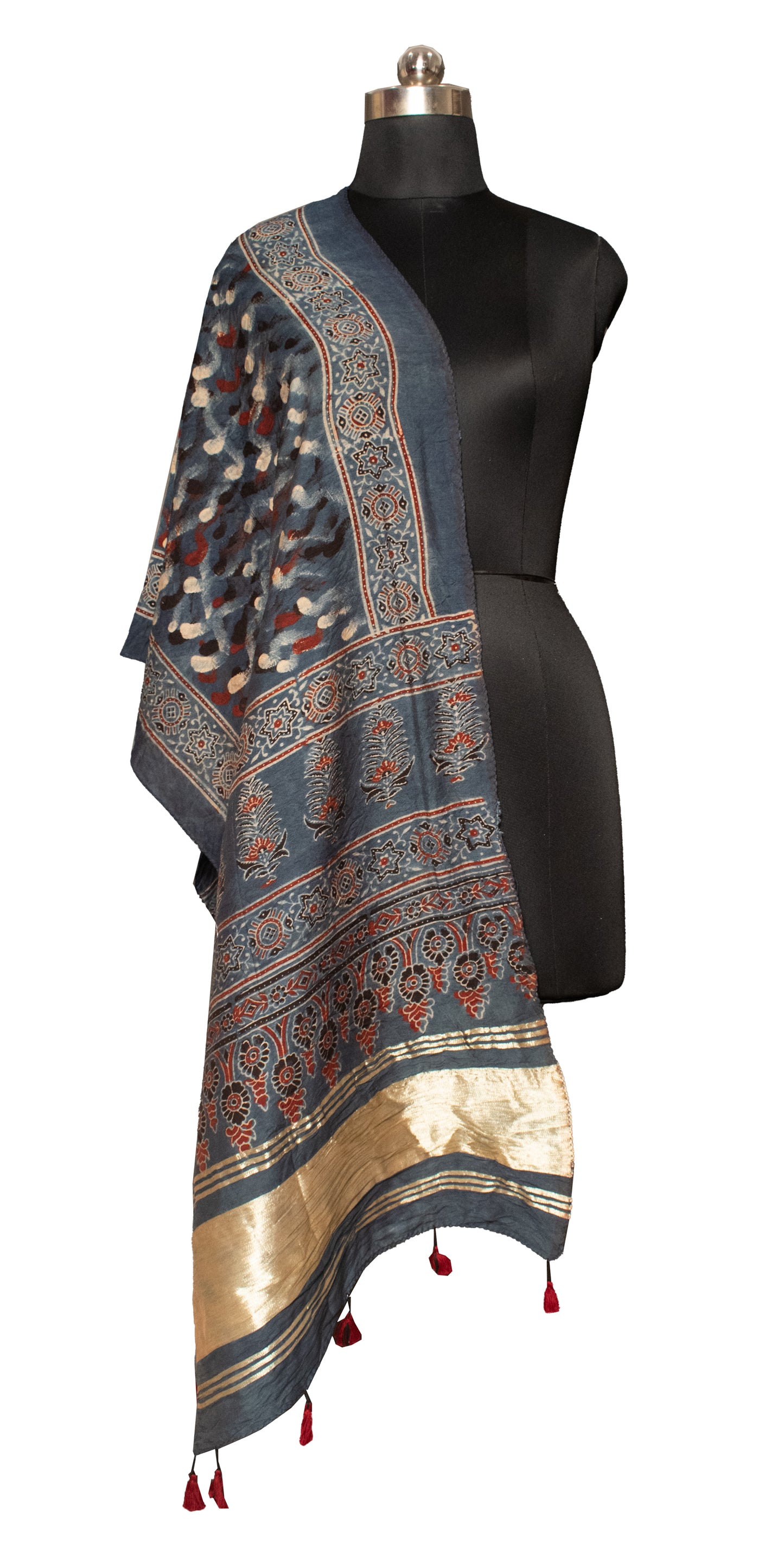 Ajrakh Chanderi Cotton Silk Natural Dye Lagdi Patto with Tassels Hand Block Print Stole     -  SKU : RD04401S