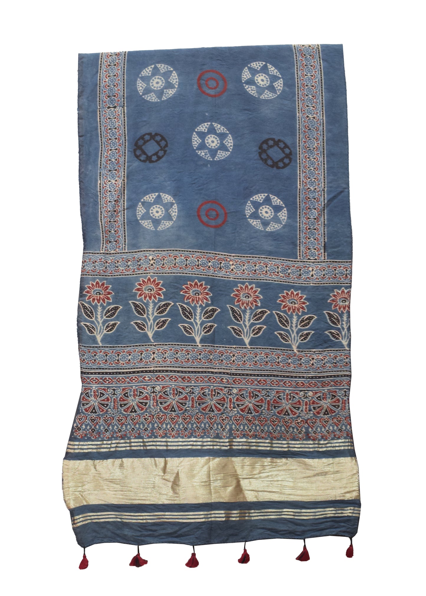 Ajrakh Chanderi Cotton Silk Natural Dye Lagdi Patto with Tassels Hand Block Print Stole     -  SKU : RD04401U