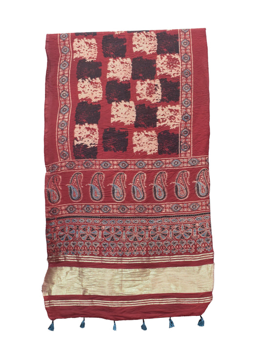 Ajrakh Chanderi Cotton Silk Natural Dye Lagdi Patto with Tassels Hand Block Print Stole     -  SKU : RD04401R