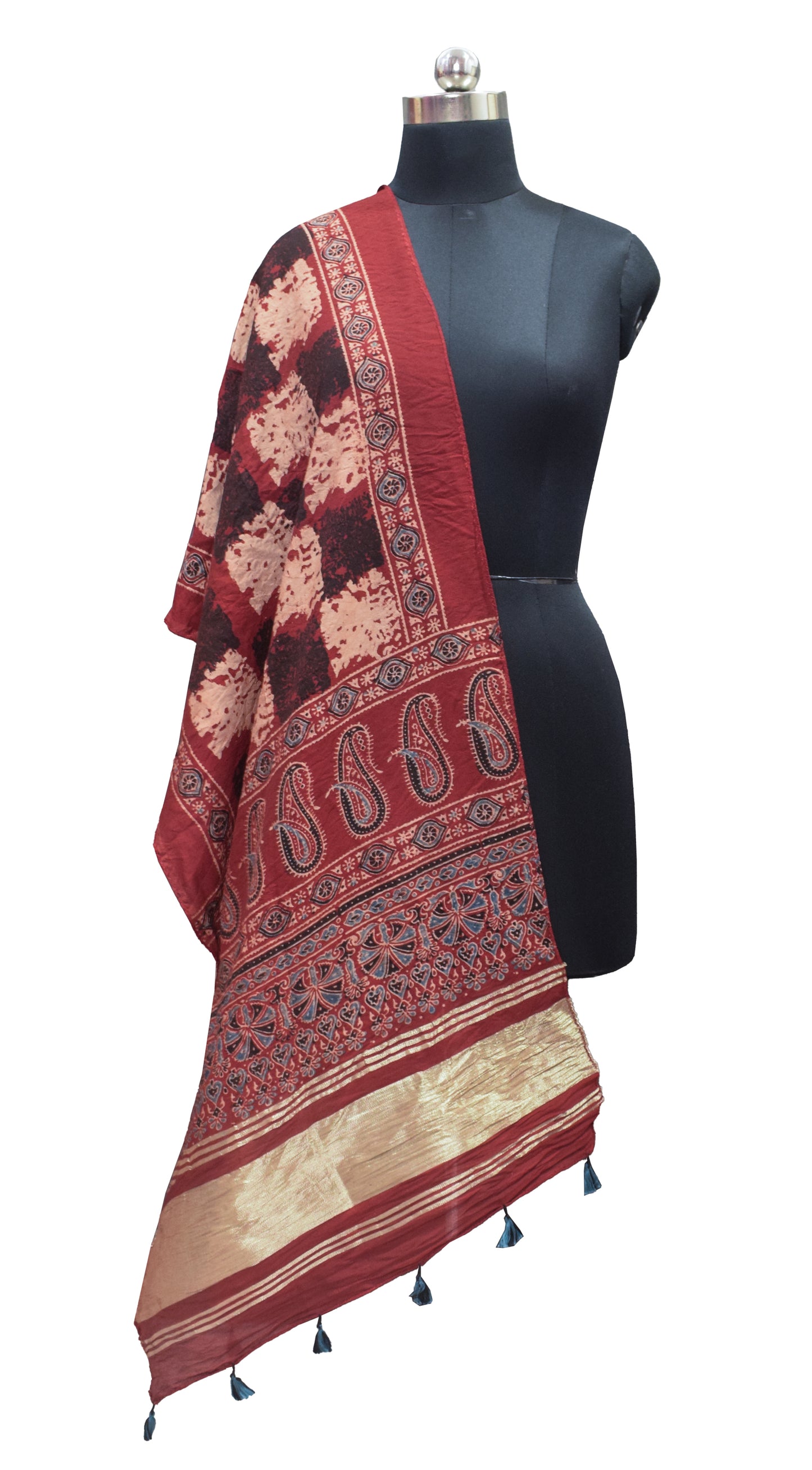 Ajrakh Chanderi Cotton Silk Natural Dye Lagdi Patto with Tassels Hand Block Print Stole     -  SKU : RD04401R