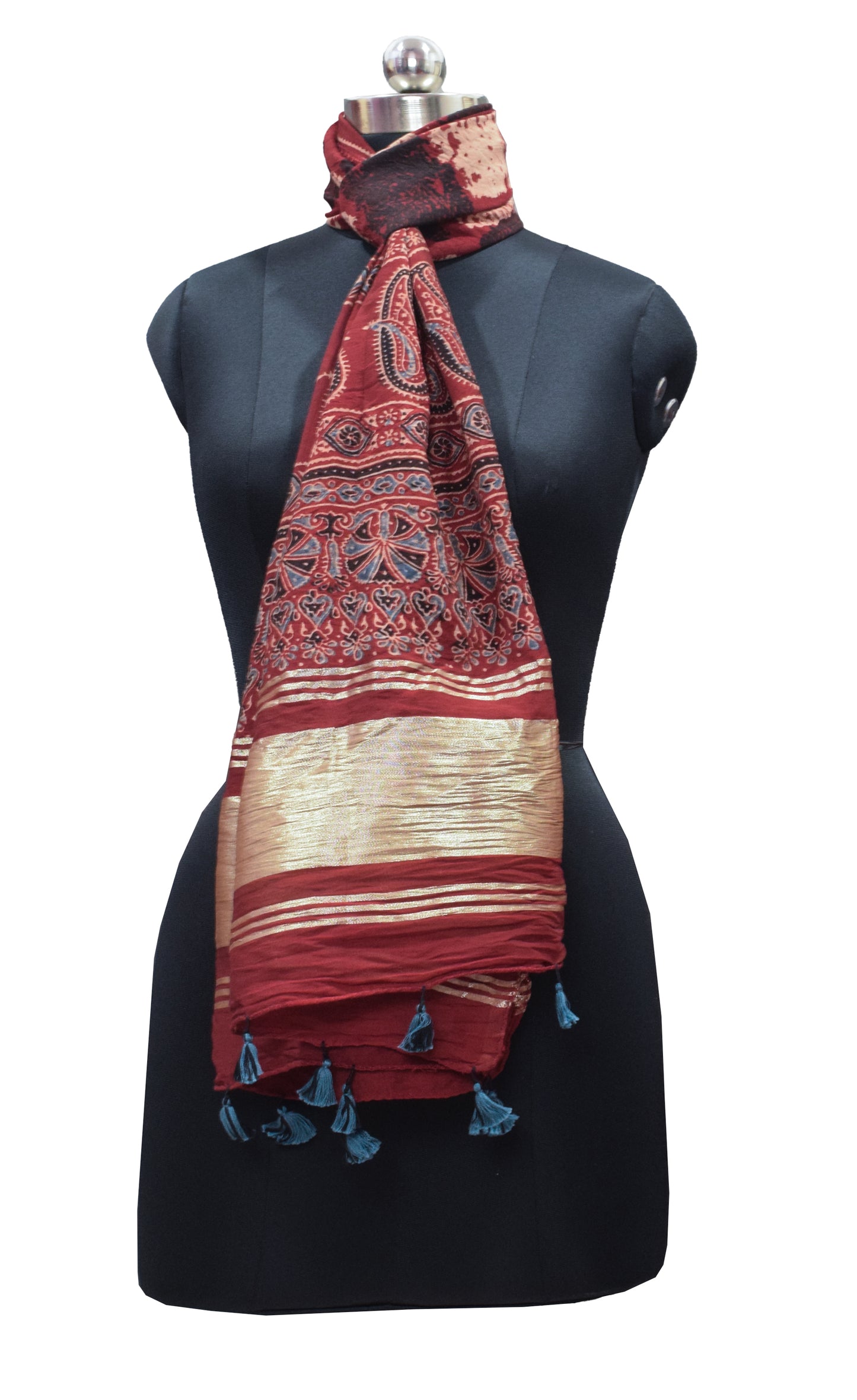 Ajrakh Chanderi Cotton Silk Natural Dye Lagdi Patto with Tassels Hand Block Print Stole     -  SKU : RD04401R