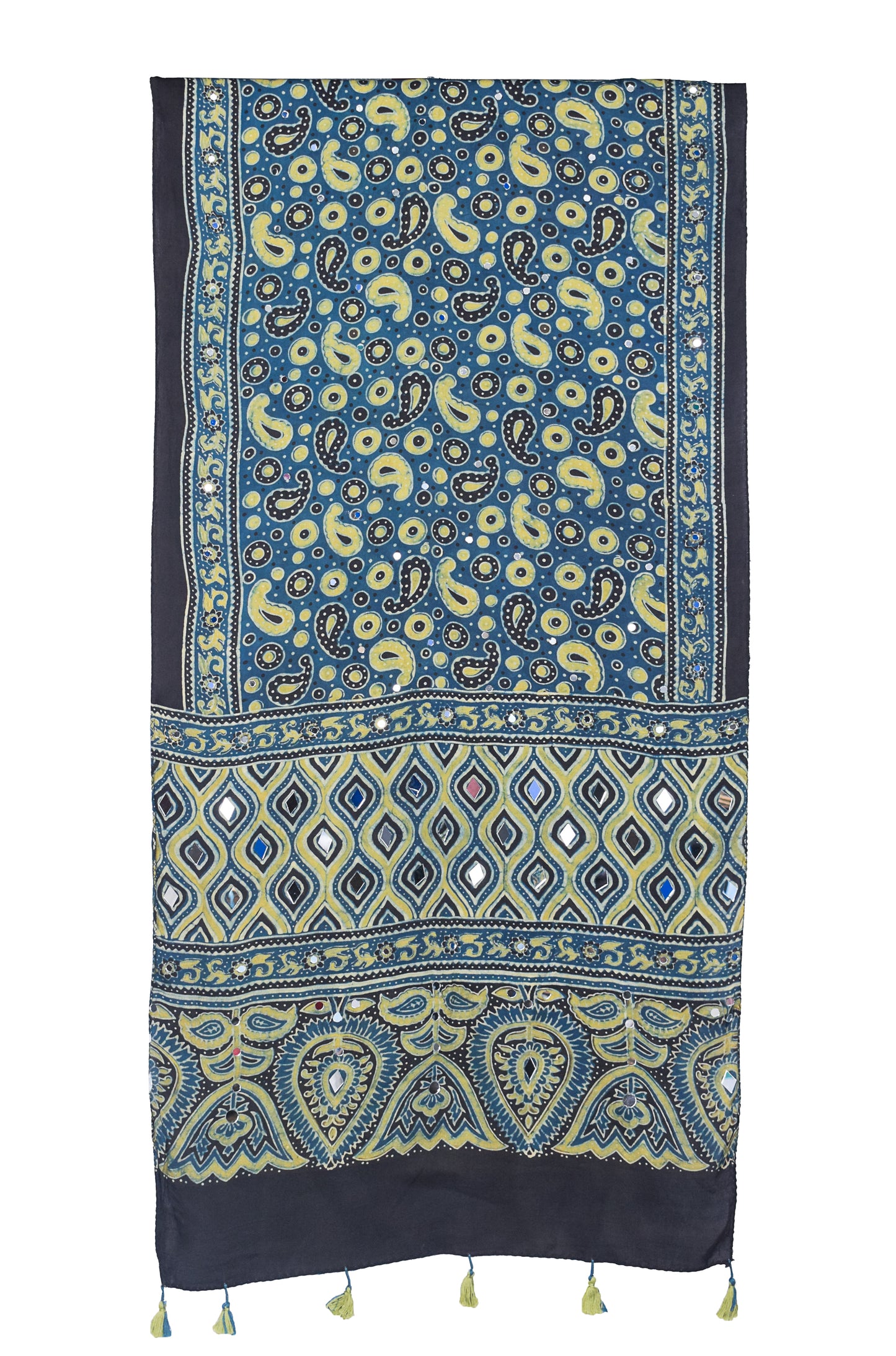 Ajrakh Modal Silk Natural Dye Small Mirror Work Hand Block Print Stole with Tassels - 2.1 Mtr Length    -  SKU : RD03701A