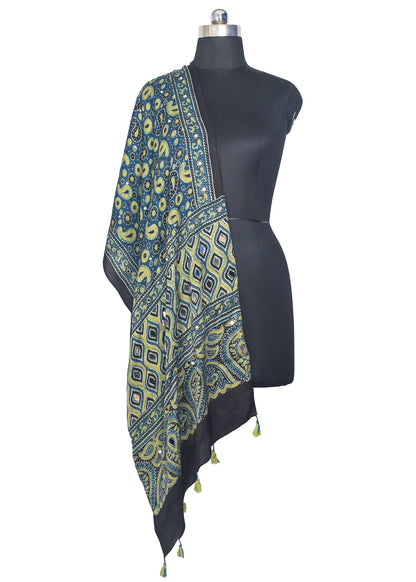 Ajrakh Modal Silk Natural Dye Small Mirror Work Hand Block Print Stole with Tassels - 2.1 Mtr Length    -  SKU : RD03701A