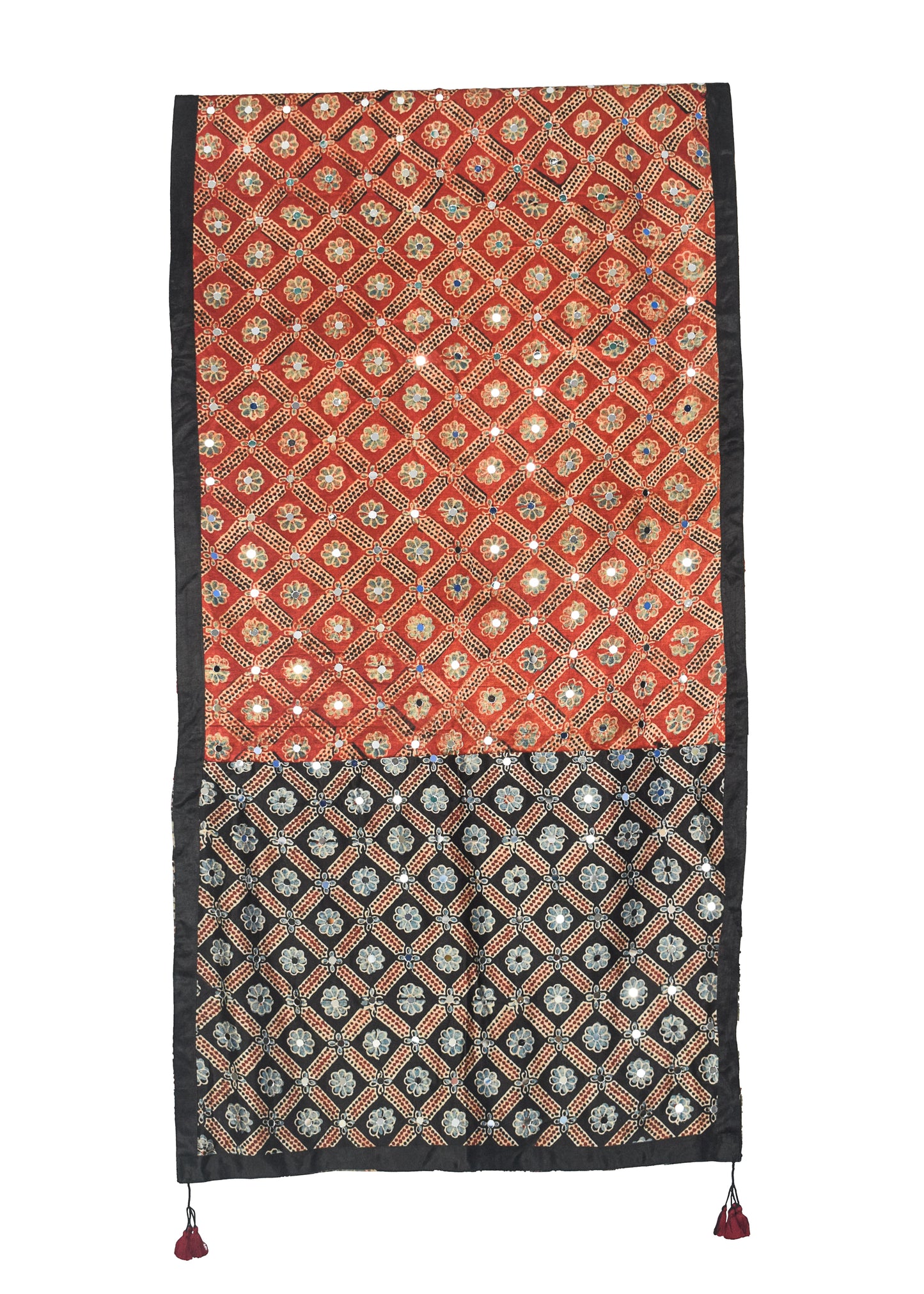 Ajrakh Mashru Silk Natural Dye Small Mirror Work Hand Block Print Stole with Tassels - 2.1 Mtr Length    -  SKU : RD03702A