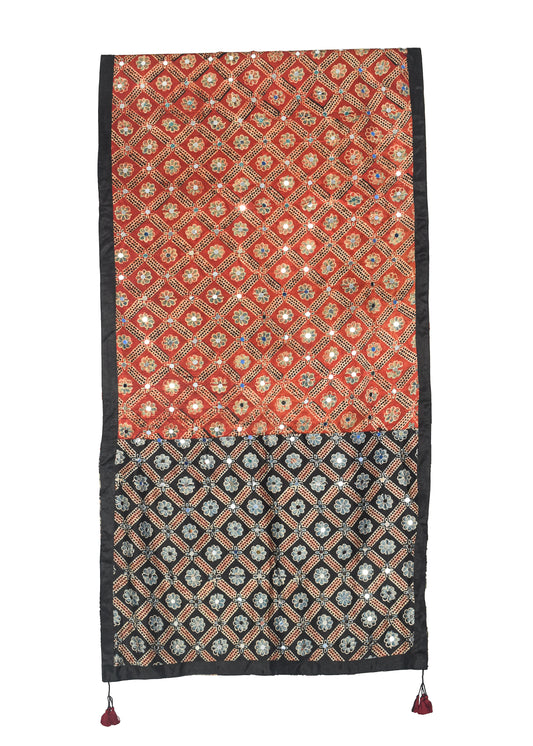 Ajrakh Mashru Silk Natural Dye Small Mirror Work Hand Block Print Stole with Tassels - 2.1 Mtr Length    -  SKU : RD03702A