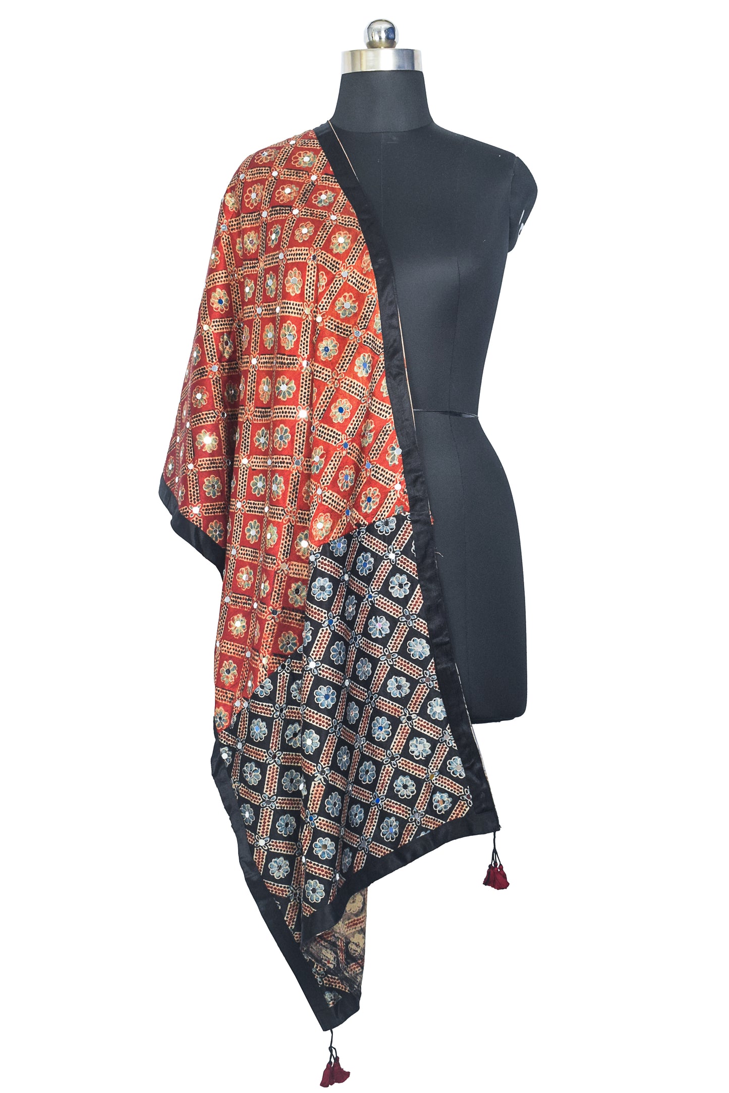 Ajrakh Mashru Silk Natural Dye Small Mirror Work Hand Block Print Stole with Tassels - 2.1 Mtr Length    -  SKU : RD03702A