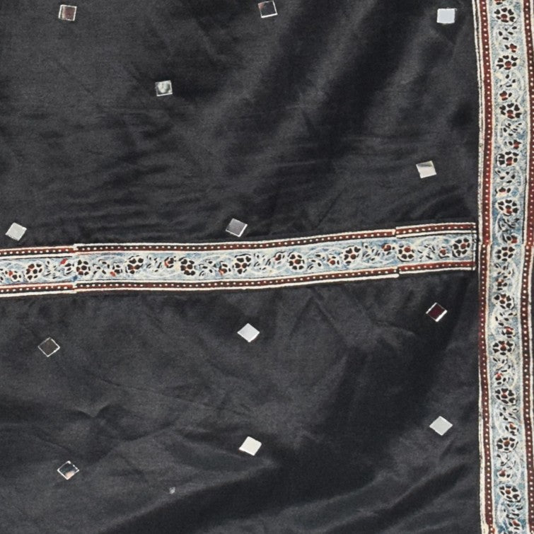 Plain Dyeing Mashru Silk Natural Dye Ajrakh Patti Mirror Work Stole with Tassels - 2.1 Mtr Length    -  SKU : RD03703E