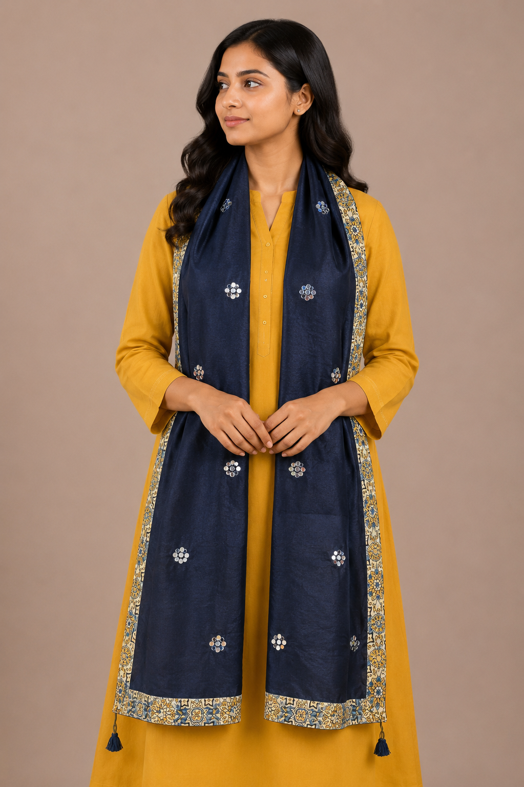 Plain Dyeing Mashru Silk Natural Dye Ajrakh Patti Mirror Work Stole with Tassels - 2.1 Mtr Length    -  SKU : RD03703A