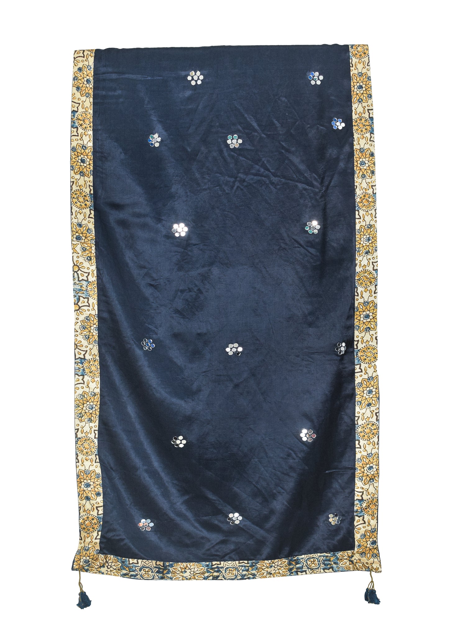 Plain Dyeing Mashru Silk Natural Dye Ajrakh Patti Mirror Work Stole with Tassels - 2.1 Mtr Length    -  SKU : RD03703A