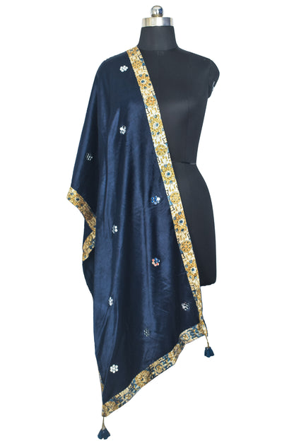 Plain Dyeing Mashru Silk Natural Dye Ajrakh Patti Mirror Work Stole with Tassels - 2.1 Mtr Length    -  SKU : RD03703A