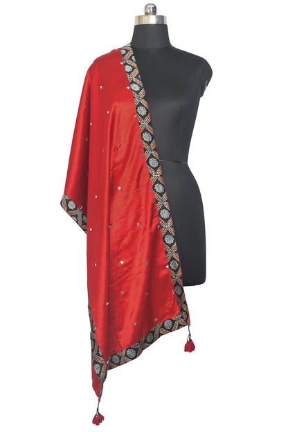 Plain Dyeing Mashru Silk Natural Dye Ajrakh Patti Mirror Work Stole with Tassels - 2.1 Mtr Length    -  SKU : RD03703D