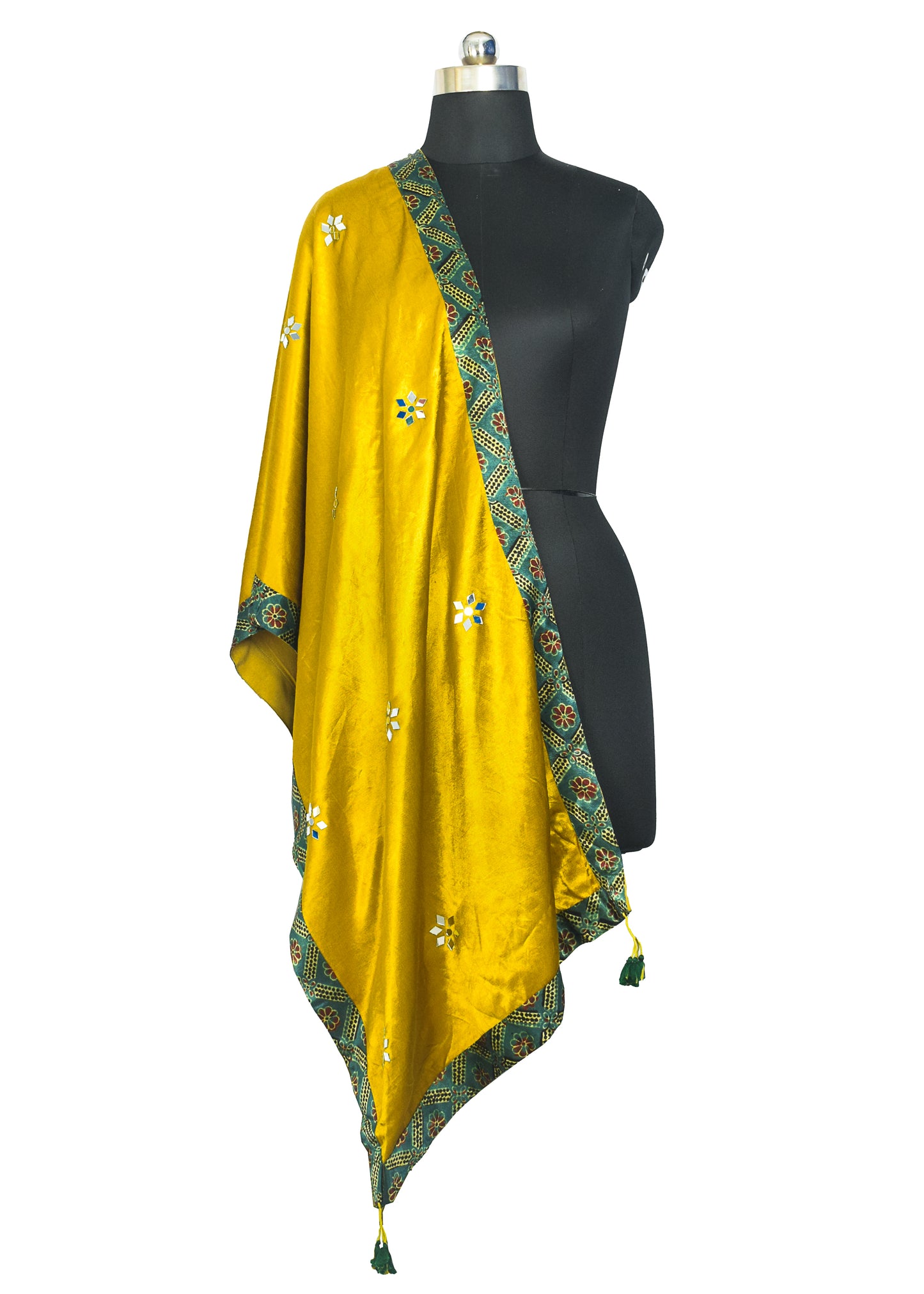 Plain Dyeing Mashru Silk Natural Dye Ajrakh Patti Mirror Work Stole with Tassels - 2.1 Mtr Length    -  SKU : RD03703C