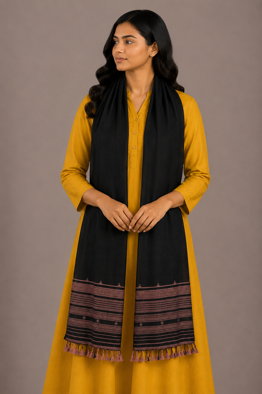Handloom Woven Kala Cotton Patterned Weaving Stole with Tassels - 2.1 Mtr Length    -  SKU : DB05A01E