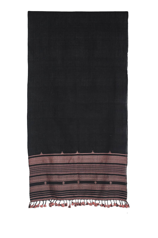 Handloom Woven Kala Cotton Patterned Weaving Stole with Tassels - 2.1 Mtr Length    -  SKU : DB05A01E