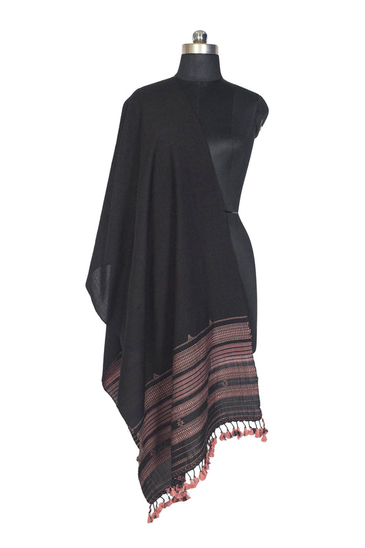 Handloom Woven Kala Cotton Patterned Weaving Stole with Tassels - 2.1 Mtr Length    -  SKU : DB05A01E