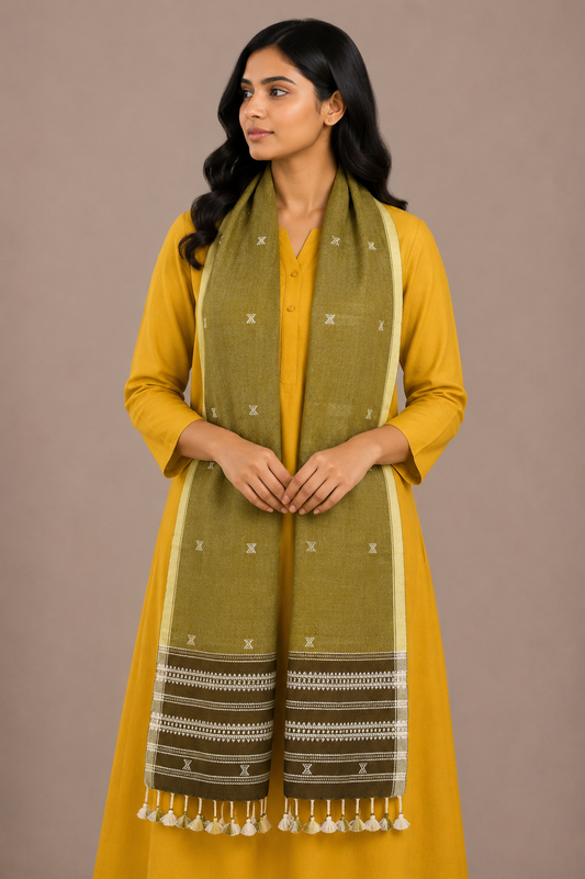 Handloom Woven Kala Cotton Patterned Weaving Stole with Tassels - 2.1 Mtr Length    -  SKU : DB09101D
