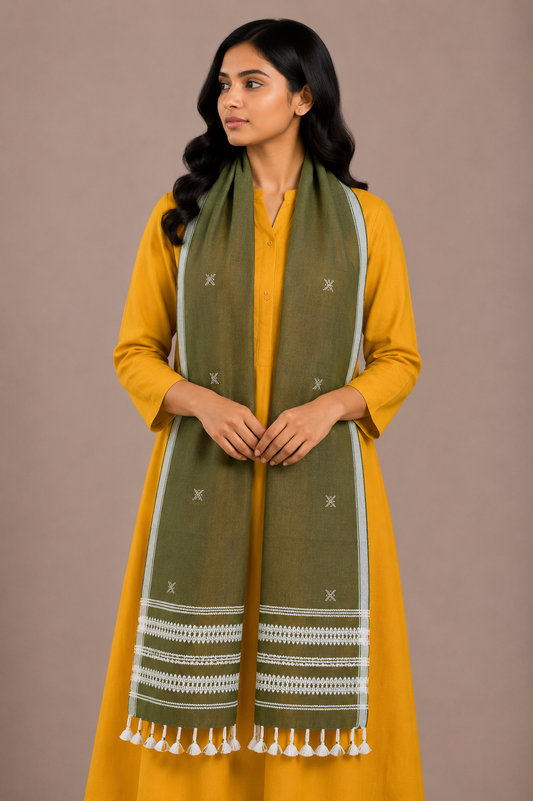 Handloom Woven Kala Cotton Patterned Weaving Stole with Tassels - 2.1 Mtr Length    -  SKU : DB09101F
