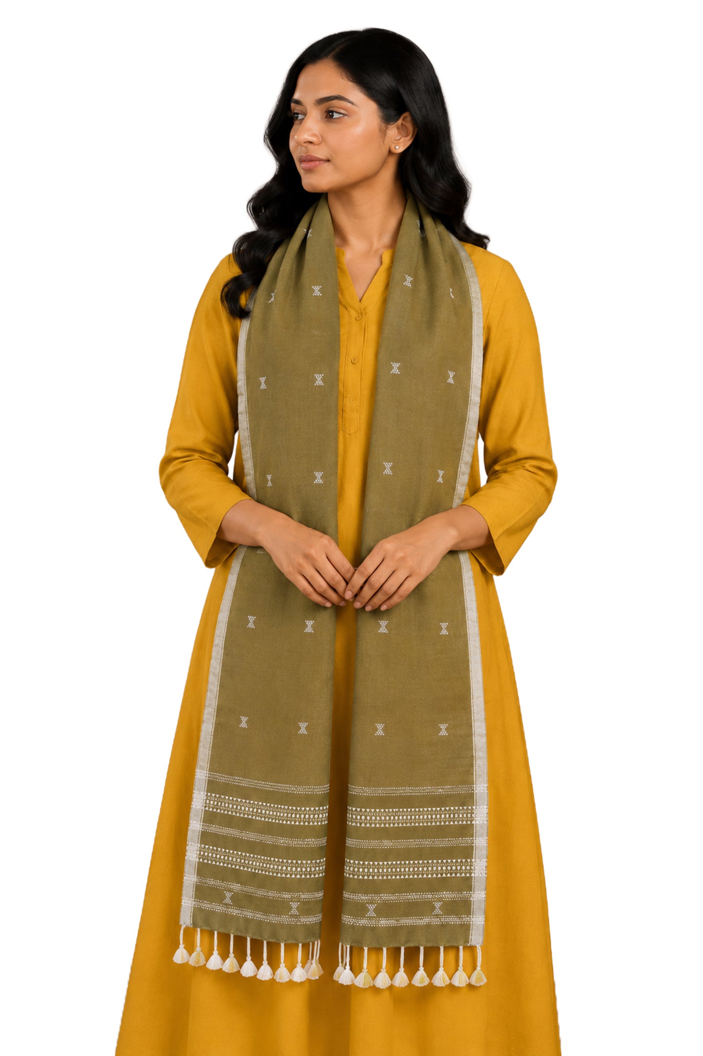 Handloom Woven Kala Cotton Patterned Weaving Stole with Tassels - 2.1 Mtr Length    -  SKU : DB09101B