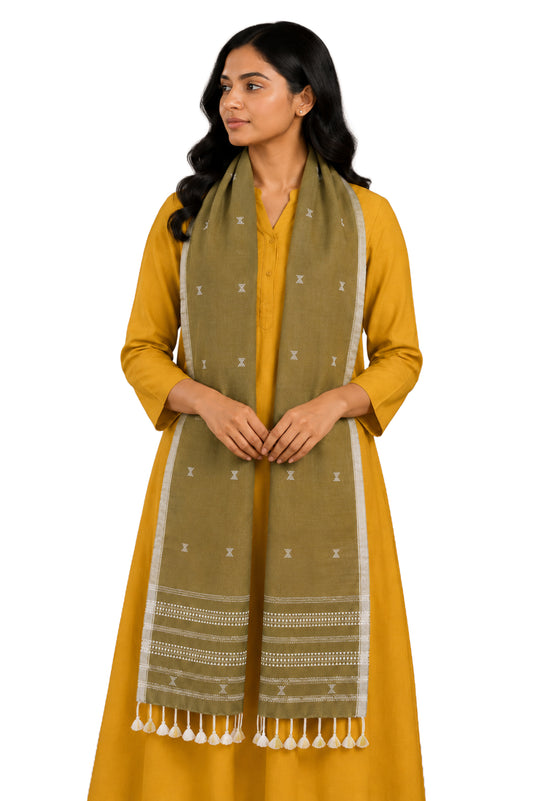 Handloom Woven Kala Cotton Patterned Weaving Stole with Tassels - 2.1 Mtr Length    -  SKU : DB09101B