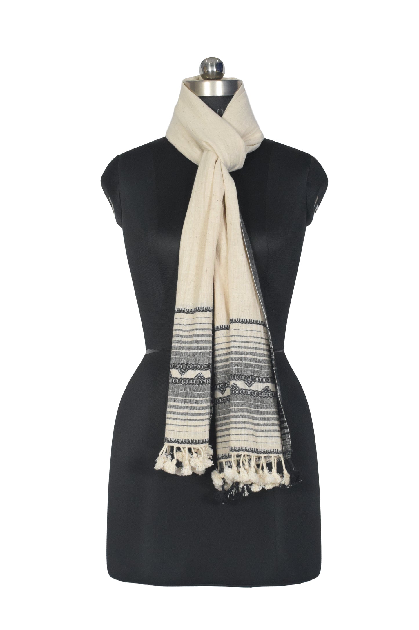 Handloom Woven Kala Cotton Patterned Weaving Stole with Tassels - 2.1 Mtr Length    -  SKU : DB05A01A