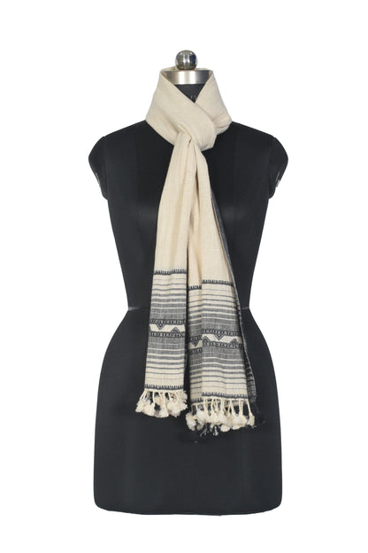 Handloom Woven Kala Cotton Patterned Weaving Stole with Tassels - 2.1 Mtr Length    -  SKU : DB05A01A