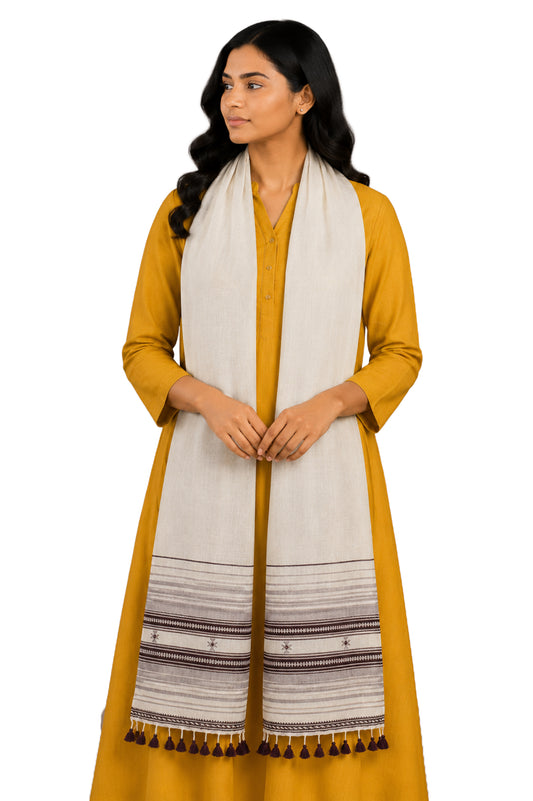 Handloom Woven Kala Cotton Patterned Weaving Stole with Tassels - 2.1 Mtr Length    -  SKU : DB05A01B