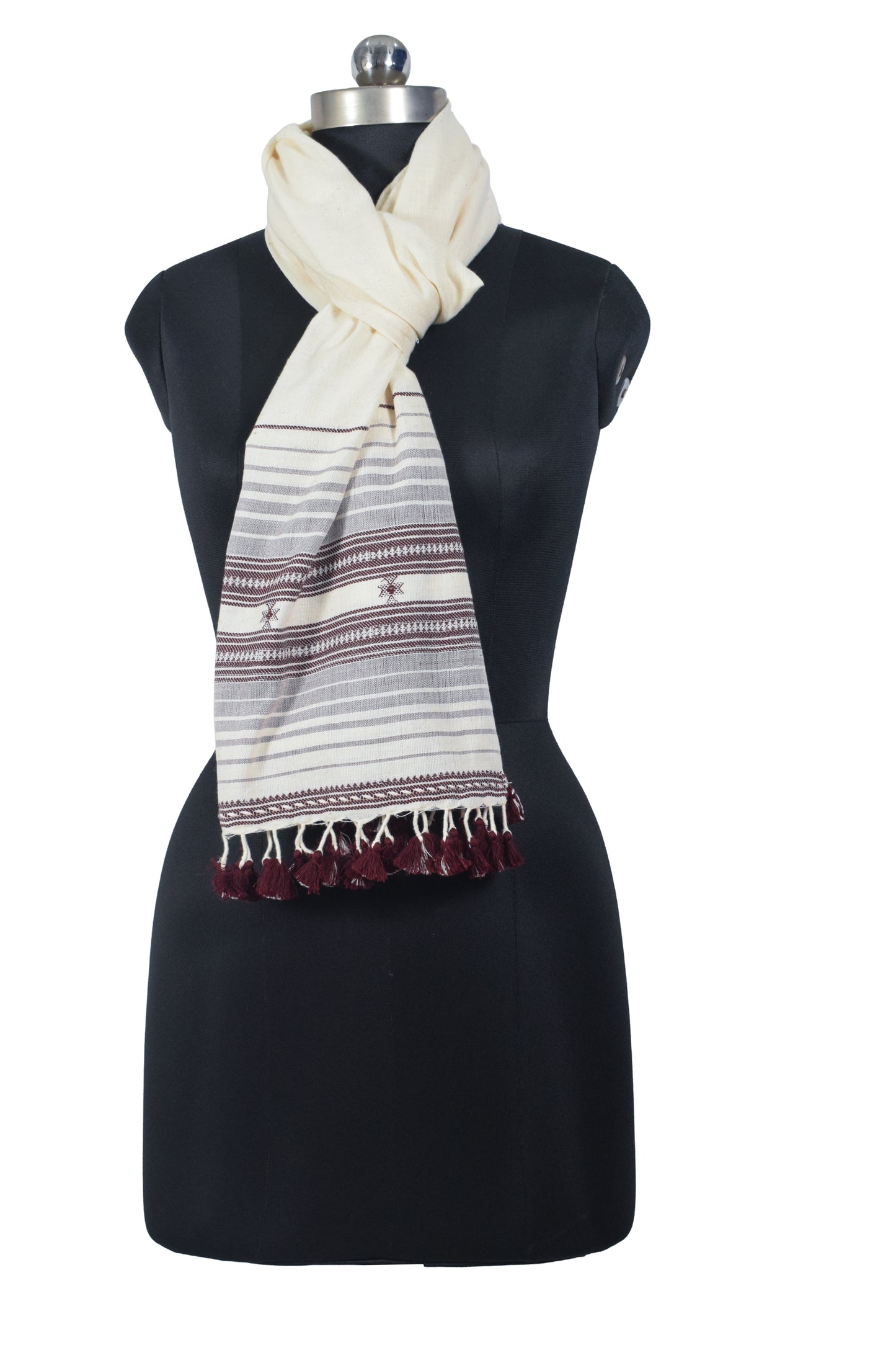 Handloom Woven Kala Cotton Patterned Weaving Stole with Tassels - 2.1 Mtr Length    -  SKU : DB05A01B