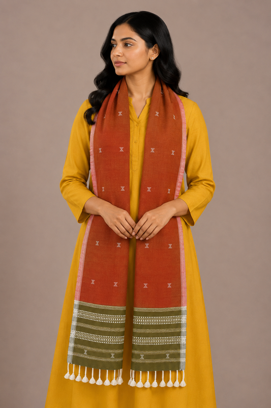 Handloom Woven Kala Cotton Patterned Weaving Stole with Tassels - 2.1 Mtr Length    -  SKU : DB09101E