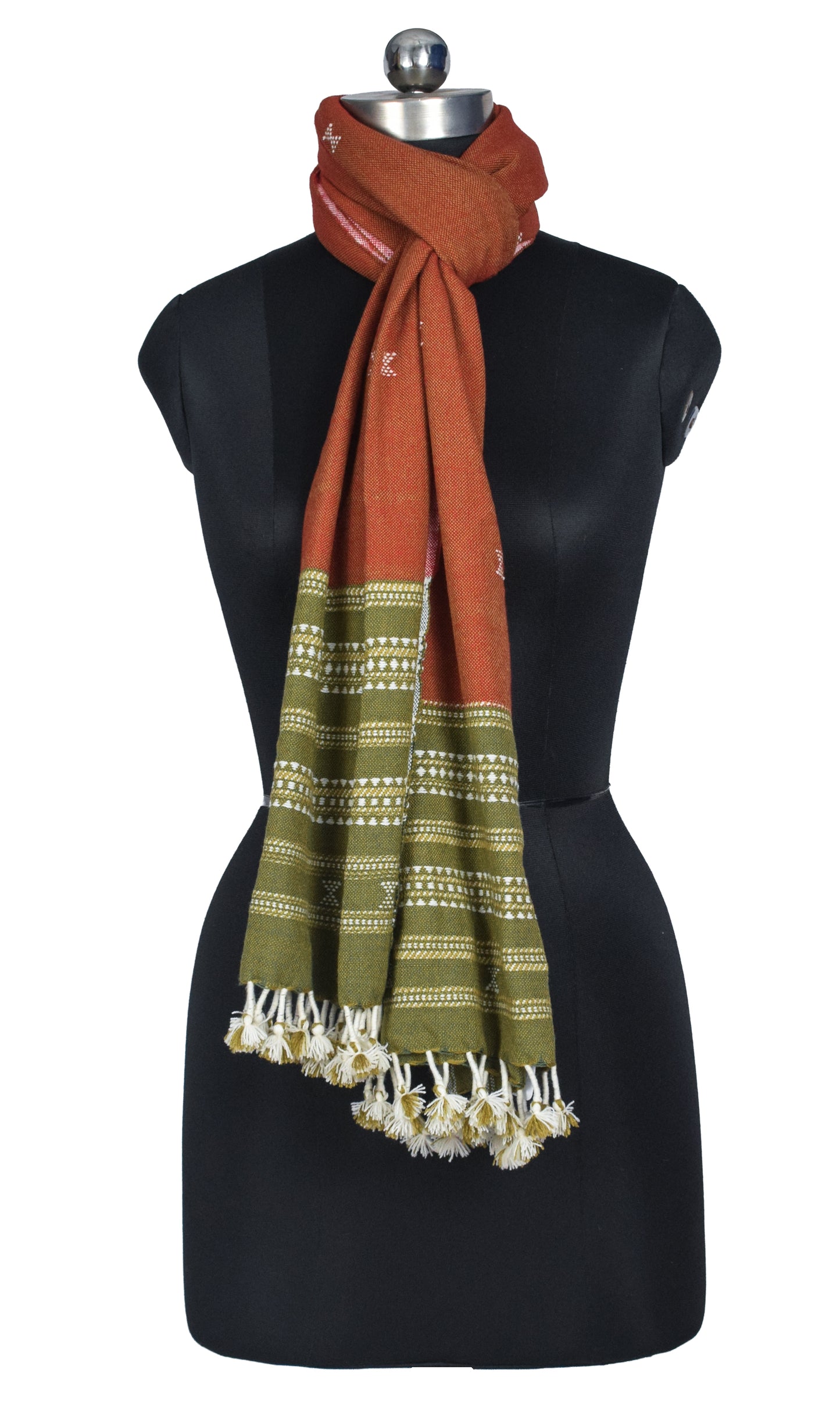 Handloom Woven Kala Cotton Patterned Weaving Stole with Tassels - 2.1 Mtr Length    -  SKU : DB09101E